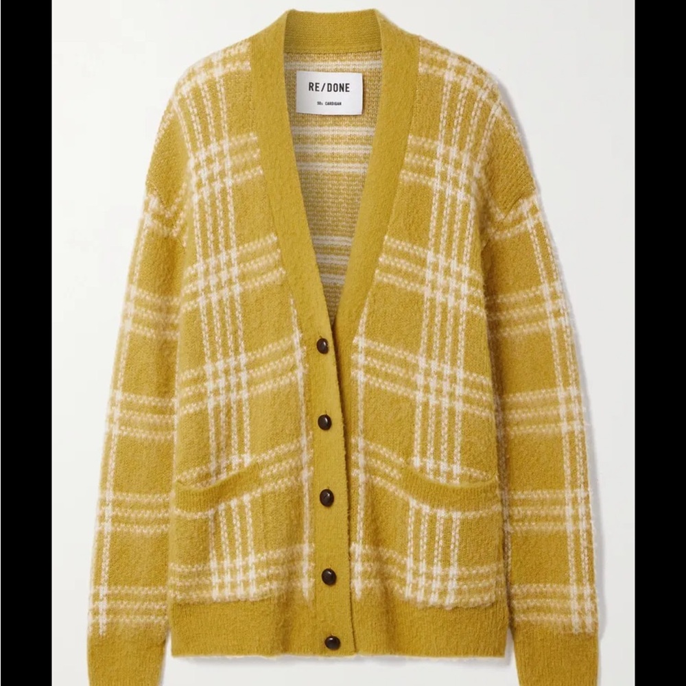Re/Done Mustard Yellow Plaid Cardigan